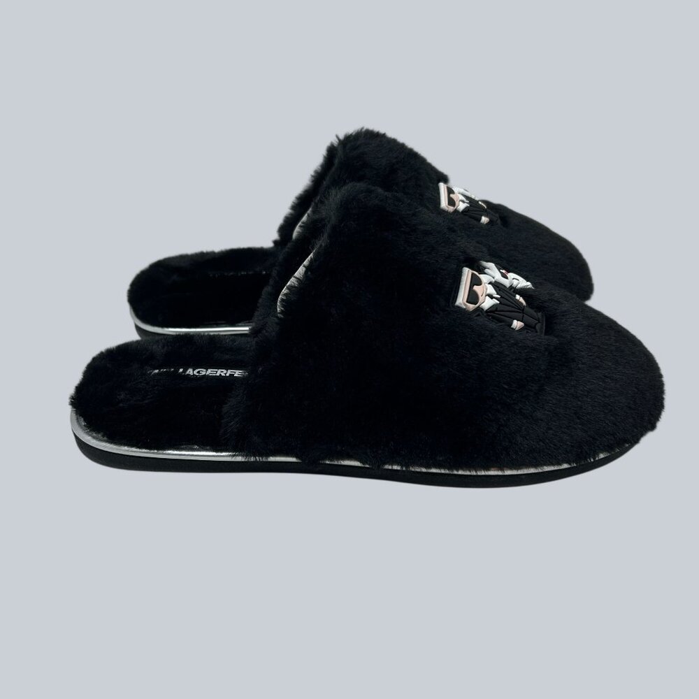 Karl Lagerfeld Womens Black Faux Fur Slippers Size 10 - Picture 3 of 6